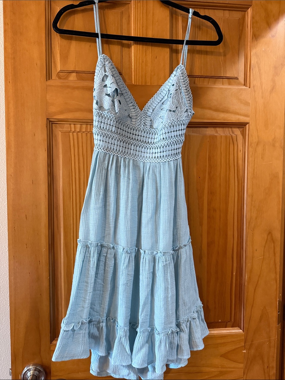 Love Tree Light Blue Crochet Tiered Mini Dress